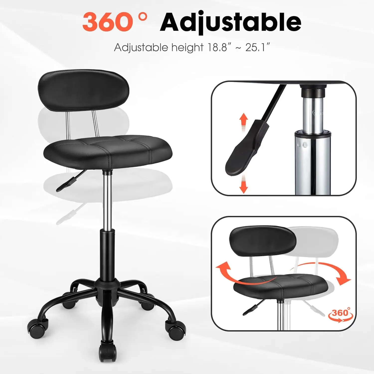 Adjustable Height Swivel Rolling Stool with Backrest and Wheels, Black