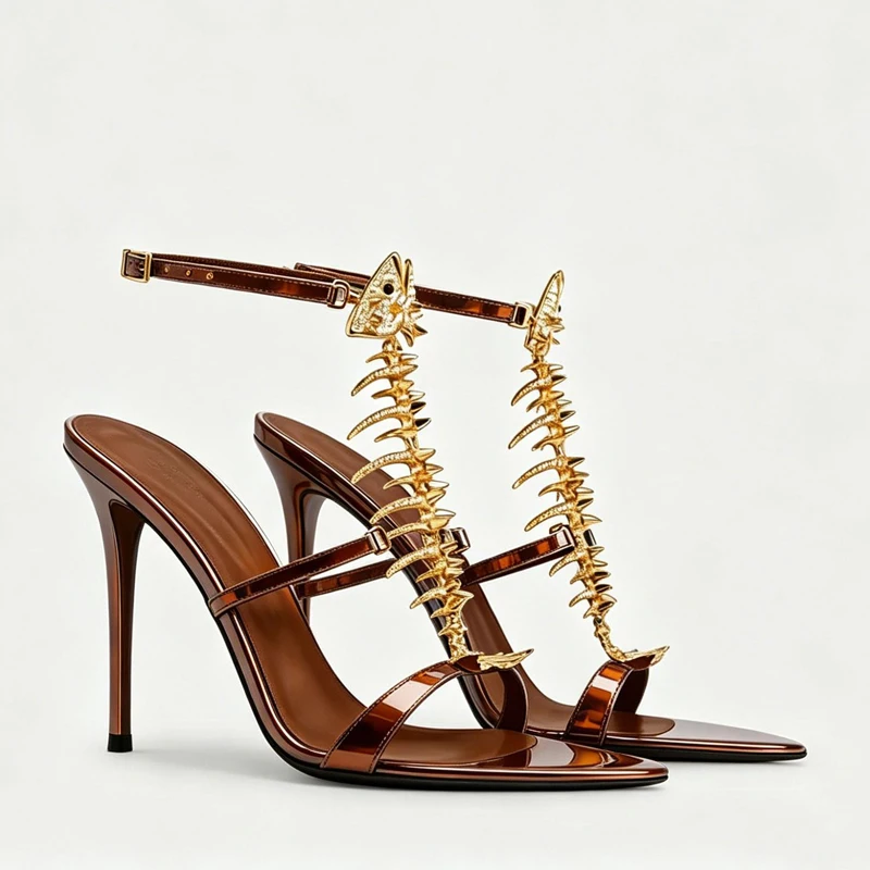 

Fishbone Rhinestone Open Toe Stiletto Sandals Woman Summer 2026 Pointed Toe Ankle Strap High Heel Shoes Party Wedding