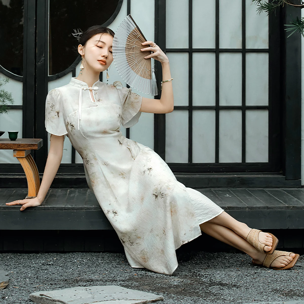 

OLrain Stand Neck Womens Dresses 2025 Summer Chinese Style Puff Sleeve A-Line Elegant Party Dresses Female Clothing O24XL90562