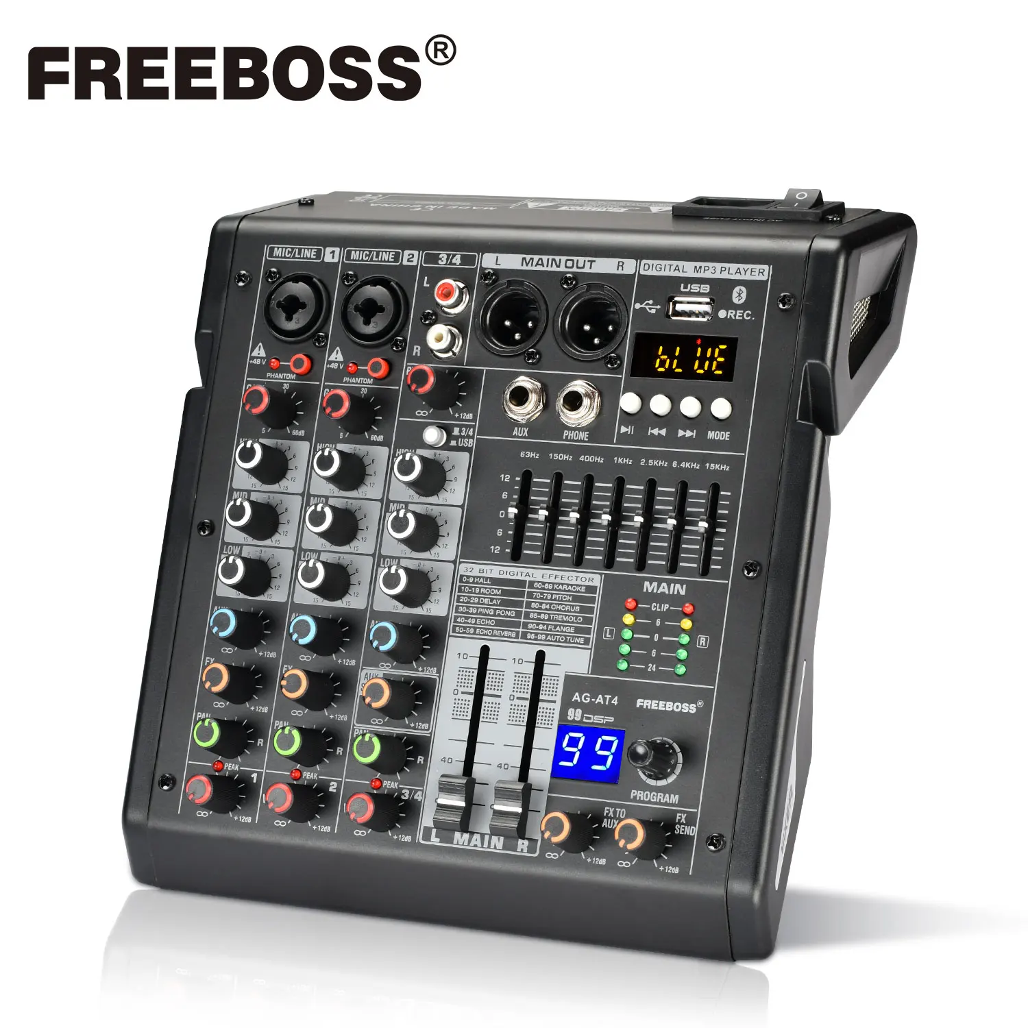 

Freeboss 4 Channel 99 DSP Audio Mixer Independent 48V Phantom Power Bluetooth 5.0 Play for House Party Mixing Console AG-AT4