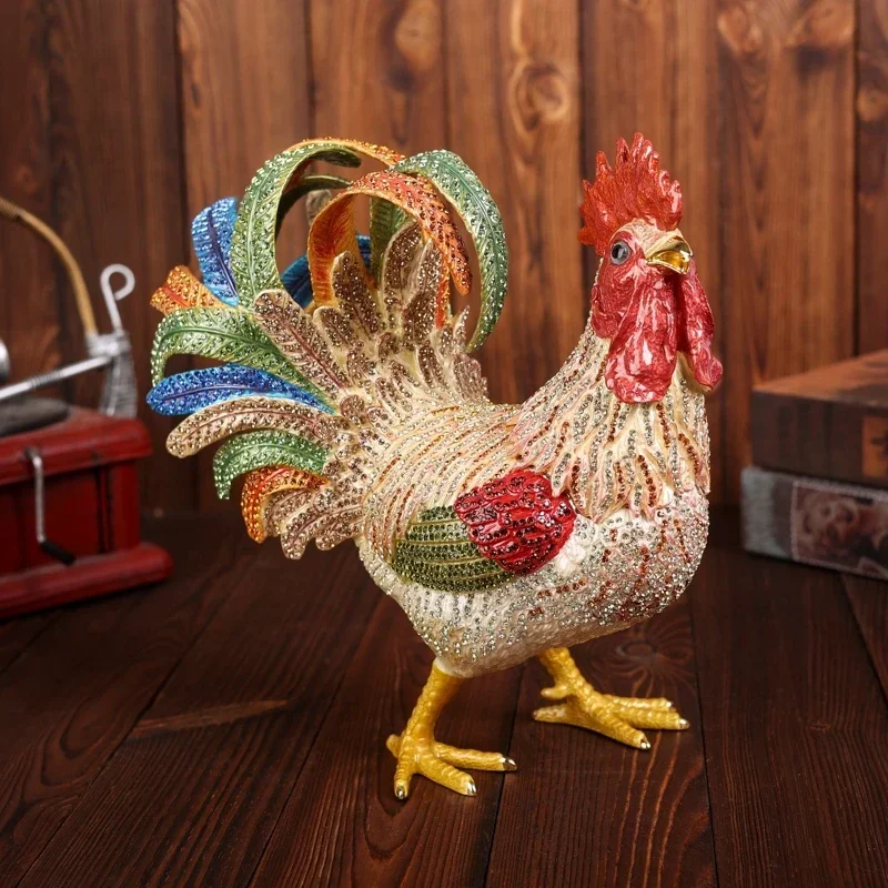 FengShui Metal Crafts Pewter Enamel Full Crystals Rooster Jewelry Gift Box Royal Souvenir Gifts Hot sales