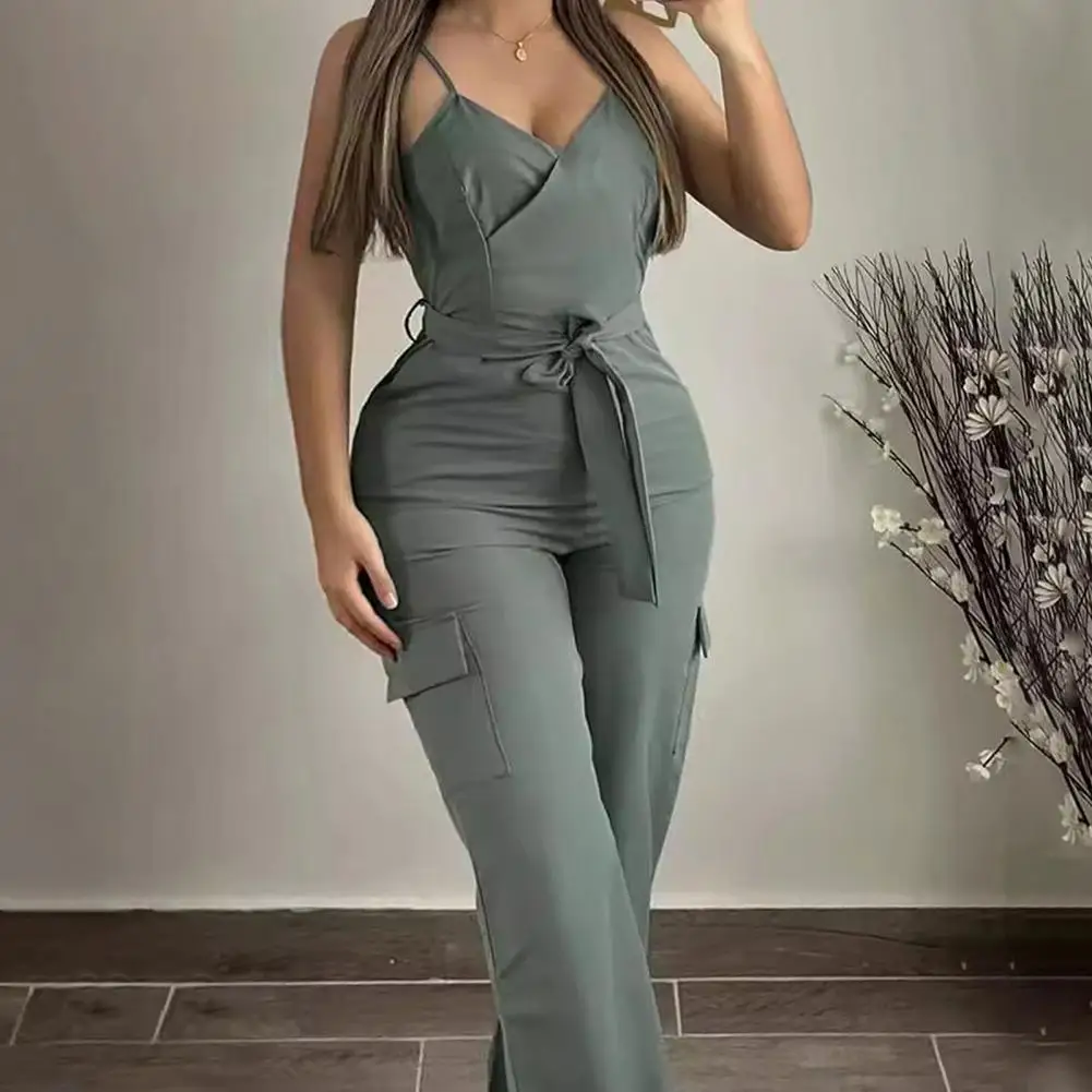 

Women Jumpsuit Solid Color Women Jumpsuit Stylish Women's V Neck Belted Jumpsuit Slim Fit Sleeveless Adjustable Spaghetti for Ol