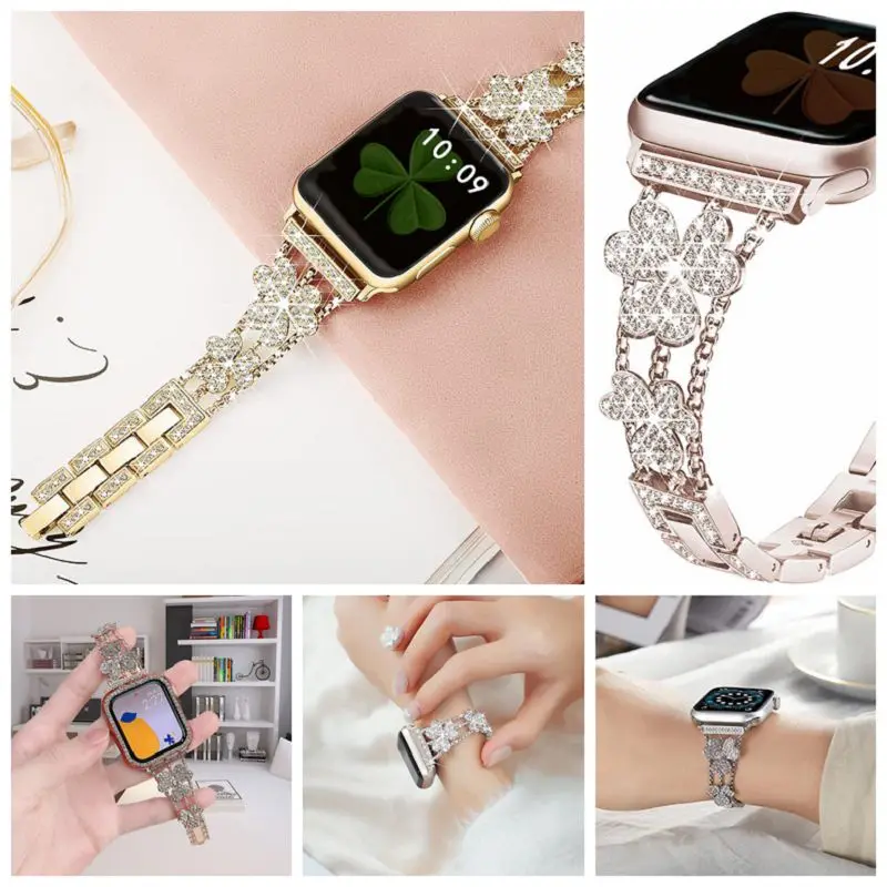 For Apple Watch Bands Metal Diamond Apple Watch Ultra Straps 9 8 7 6 5 4 3 2 1 SE Bling Clover iwatch Luxury Straps iwatch Bands