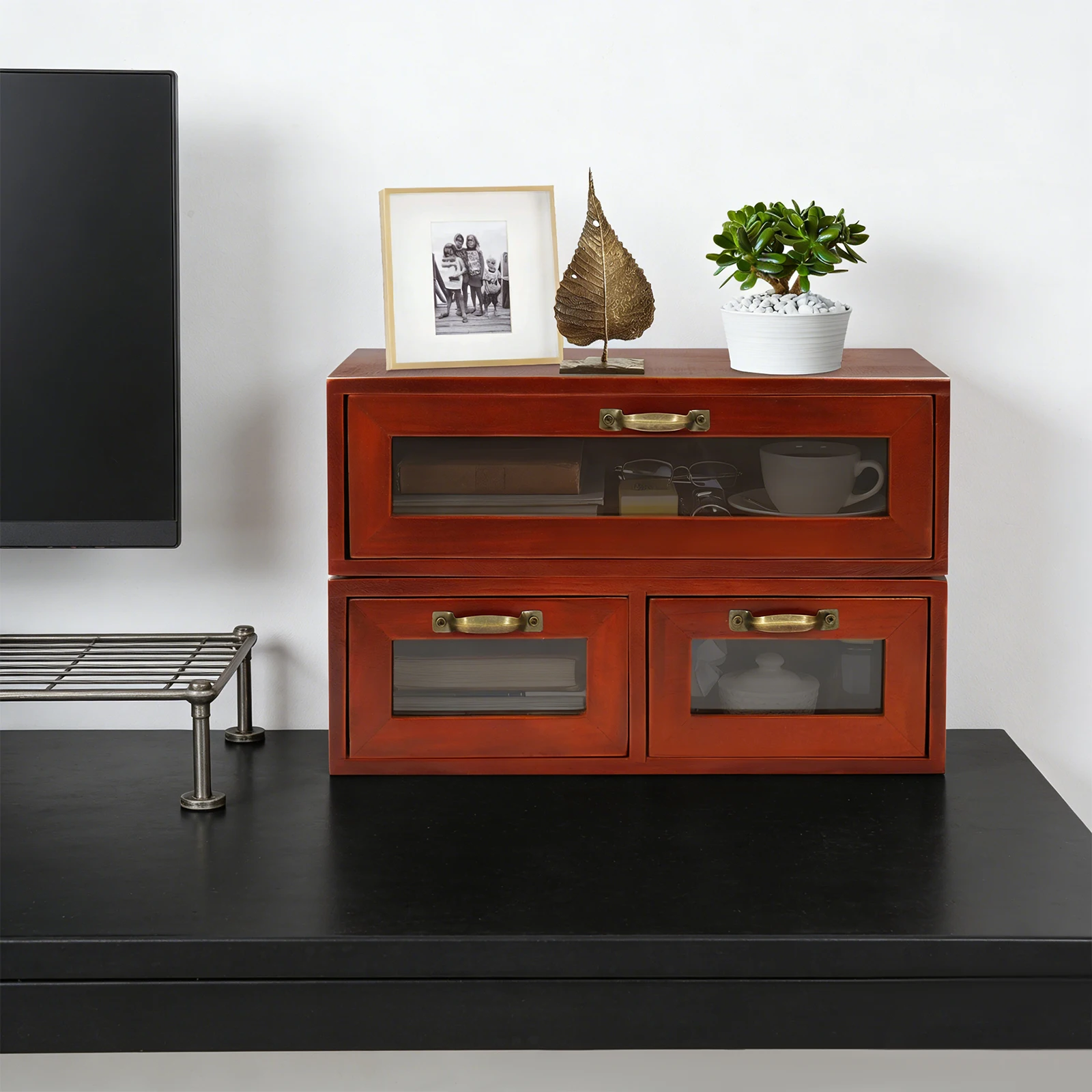 3-Drawer Stackable Storage Unit With One Single Drawer And Two Double Drawers, Brown Wooden Storage Cabinets, Two-Piece Set Desktop Organizing Cabinets