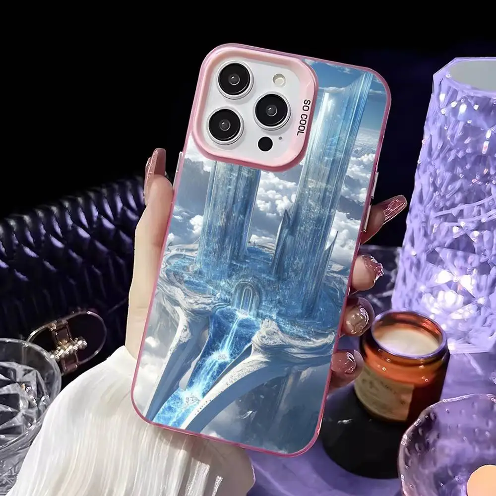 حافظة هاتف معمارية الخيال العلمي باللونين الأزرق والأبيض لهواتف iPhone 16,15,14,13,12,11,Mini,Pro,MAX غطاء وردي غير لامع مقاوم للصدمات #5
