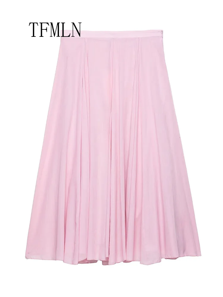 TFMLN 2025 Zomer Vrouwen Roze Geplooide Rokken Mode Causale Maat Rits Plooien A-lijn High Street Rokken Zoete Dames Party Rok