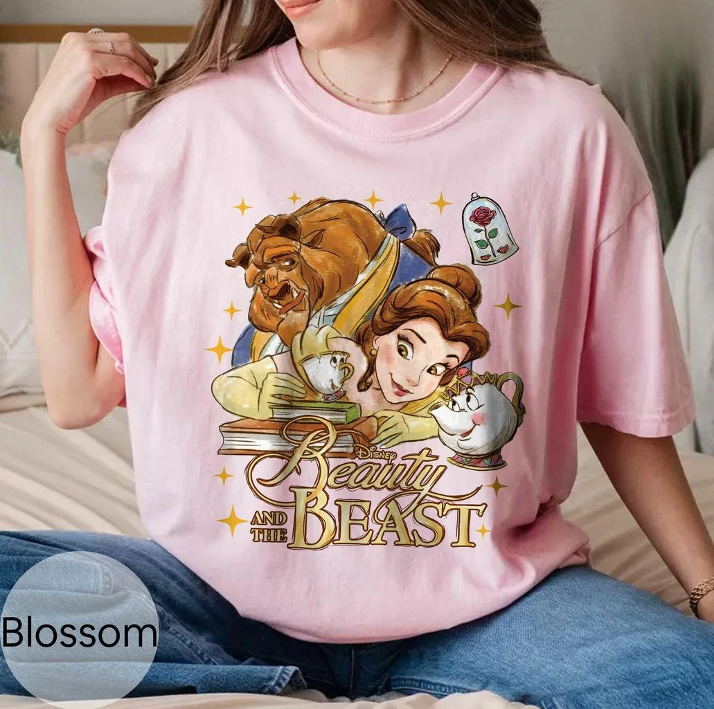 여성용 디즈니 레트로 미녀와 야수 티셔츠 빈티지 코튼 반팔 유니섹스 스트리트웨어 오버사이즈 루즈 캐주얼 스타일리쉬
