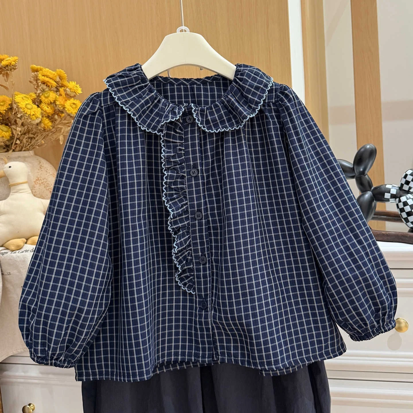 Girls Shirt 2026 Spring and Autumn New Children's Clothing Korean Style Girl Baby Casual Pure Cotton Plaid Lace Doll Shirt