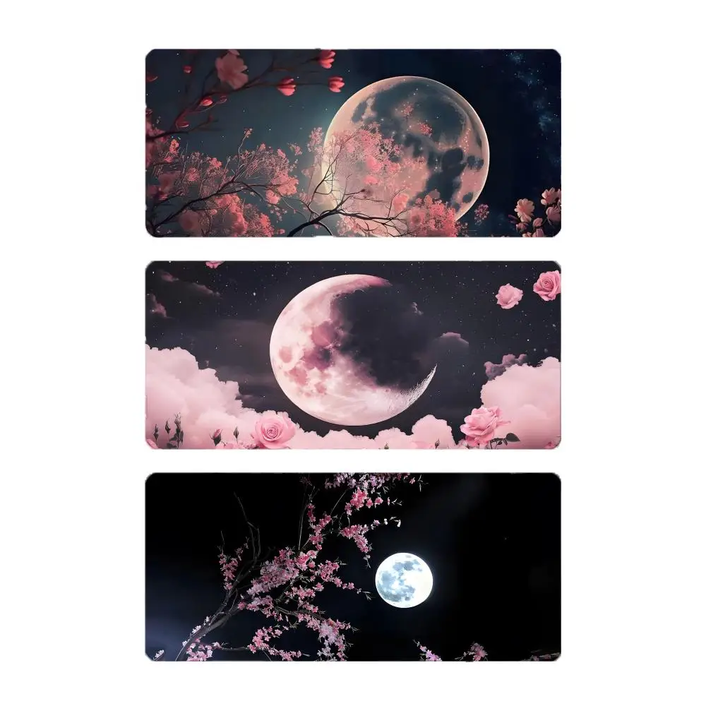 Romantic Cherry Blossoms, Crescent Moon Non-slip Mouse Pad Large Gaming Mousepad with Stitched Edges Thickened Desk Mat PC