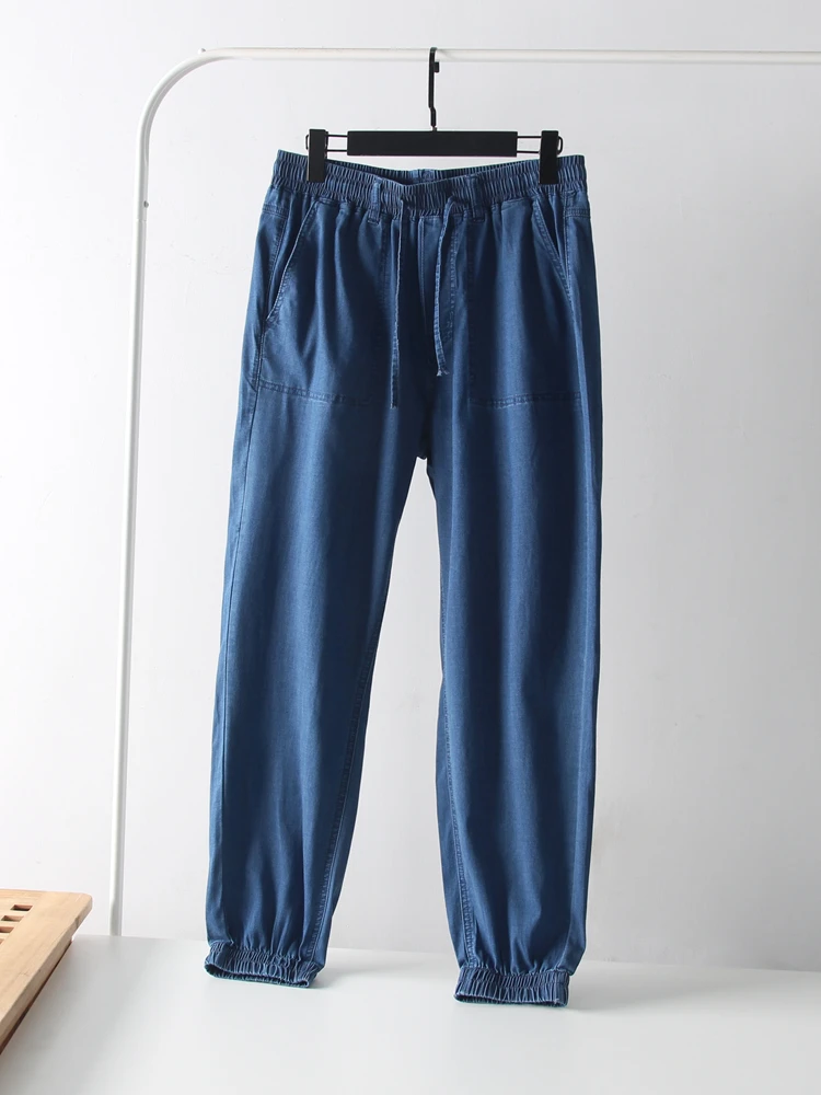 

Летние джинсы с тонкой эластичной резинкой на талии и манжетами, мужские повседневные длинные брюки свободного покроя, молодежные однотонные джинсы со средней талией