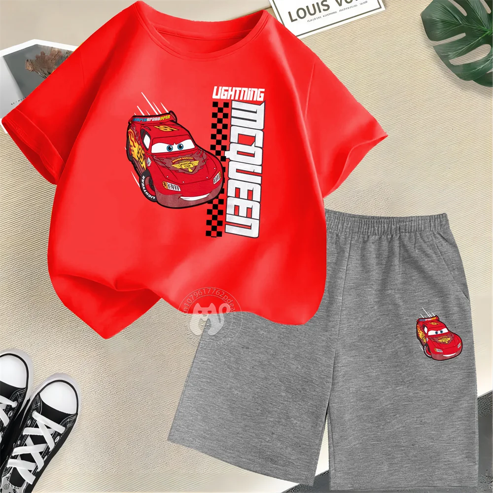 Summer Boys Girls 100% Cotton T-shirt + Shorts Cartoon Super Cool Star Racing McQueen Printed Kids Fashion Street casual suit