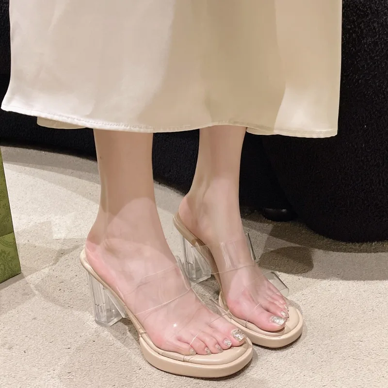 2024 Summer sandals ladies luxury high heel sandals transparent heel 7, 9, 11cm high heeled mule sandals square heel non-slip