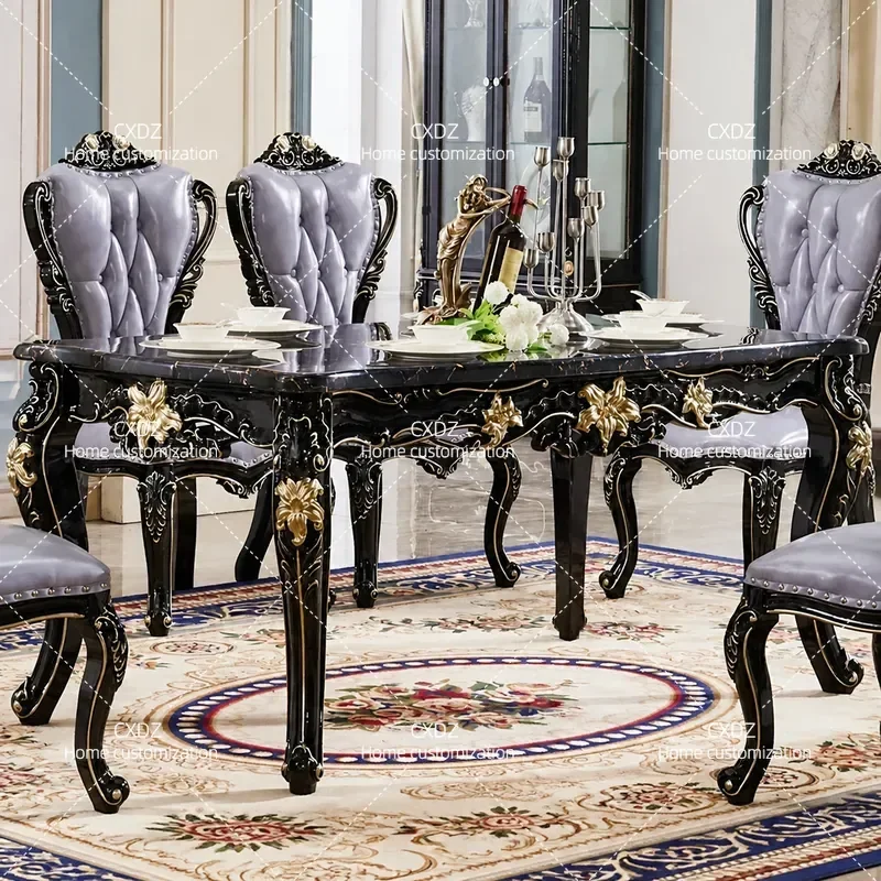 European Style Ebony Solid Wood Square Dining Table with Marble Top Combination Restaurant Furniture