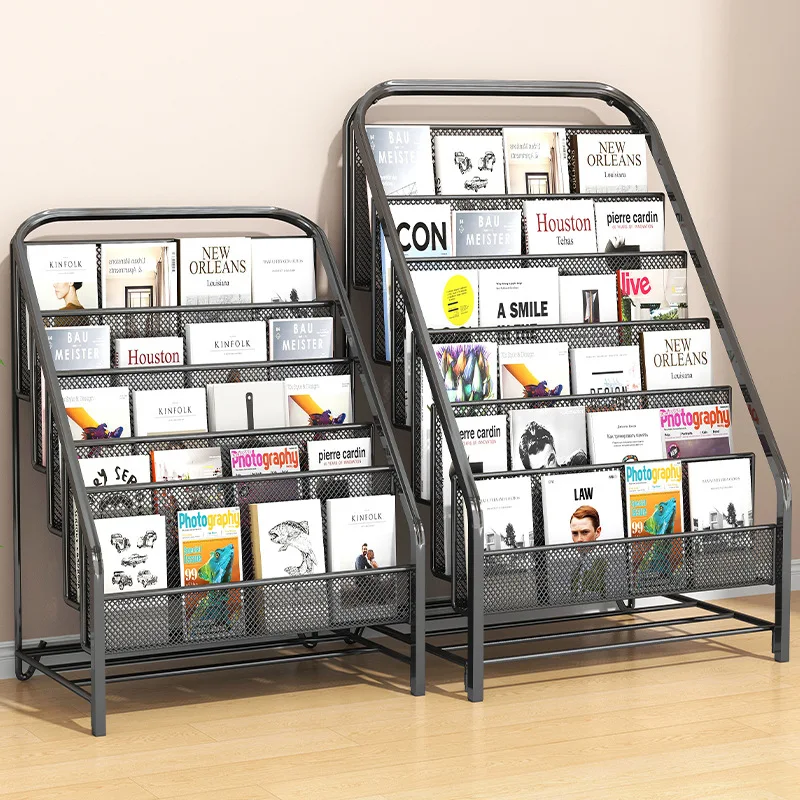 AOLIVIYA Wrought Iron Floor Bookcase Cabinet Library Shelves Desk Bookshelf Storage Rack Wall Magazine Display Organizer