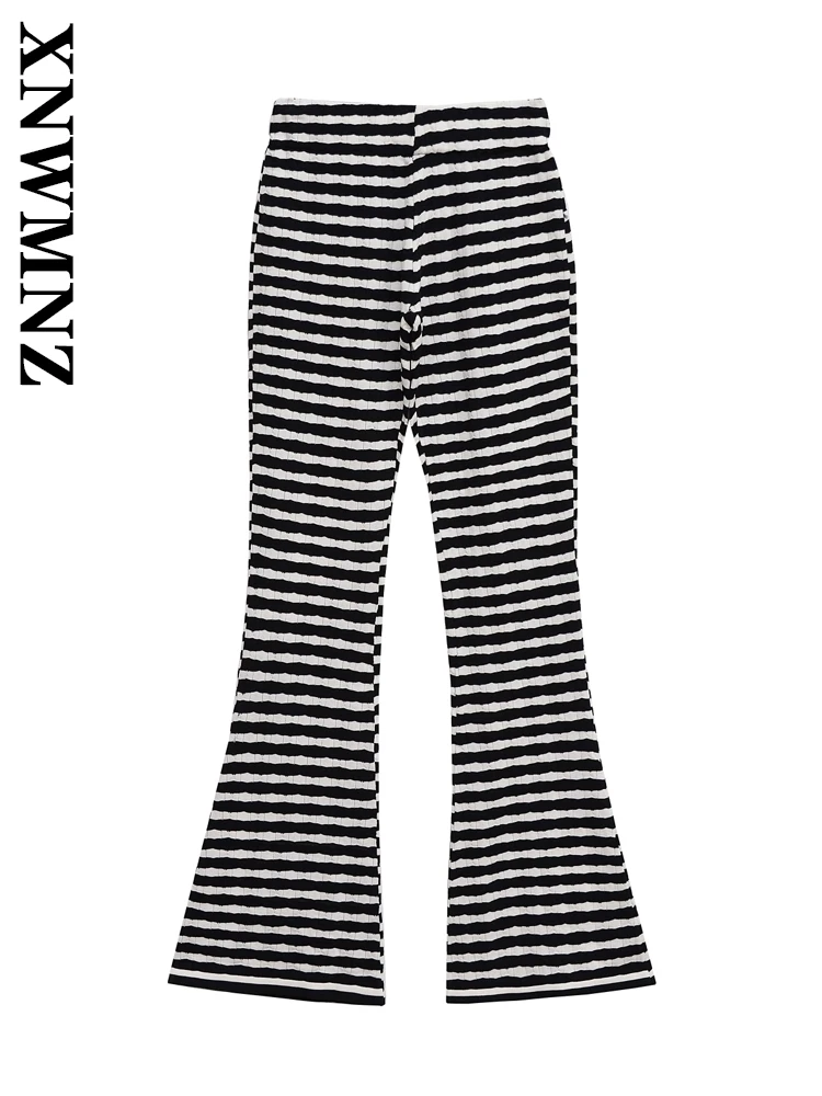 XNWMNZ 2025, Frühjahr Neue Frau Einfache Urlaub Jacquard Hohe Taille Club Dame Böden Chic Gestreiften Lange Hosen