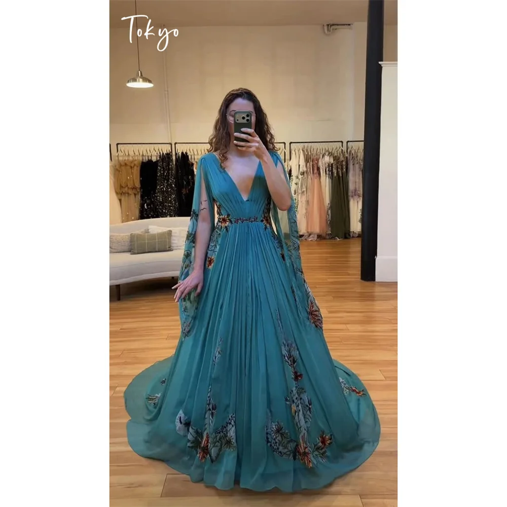 

Tokyo Womens Deep V Neck Floral Embroidered Maxi Dress Teal Blue Cape Sleeve Flowy Evening Wedding Guest Formal Prom Party Gowns