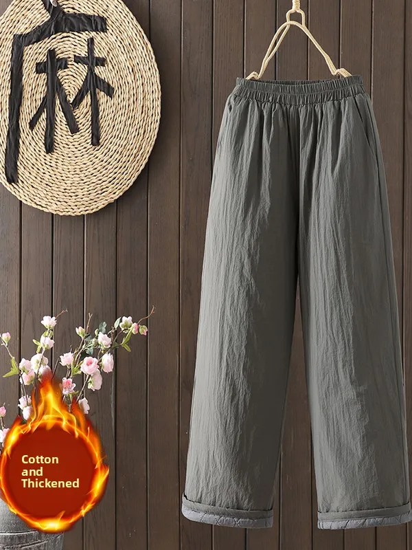 

Thiened Хлопковые широкие брюки Женские художественные зимние брюки с высокой талией Ретро Sle Повседневные теплые хлопковые брюки для больших размеров