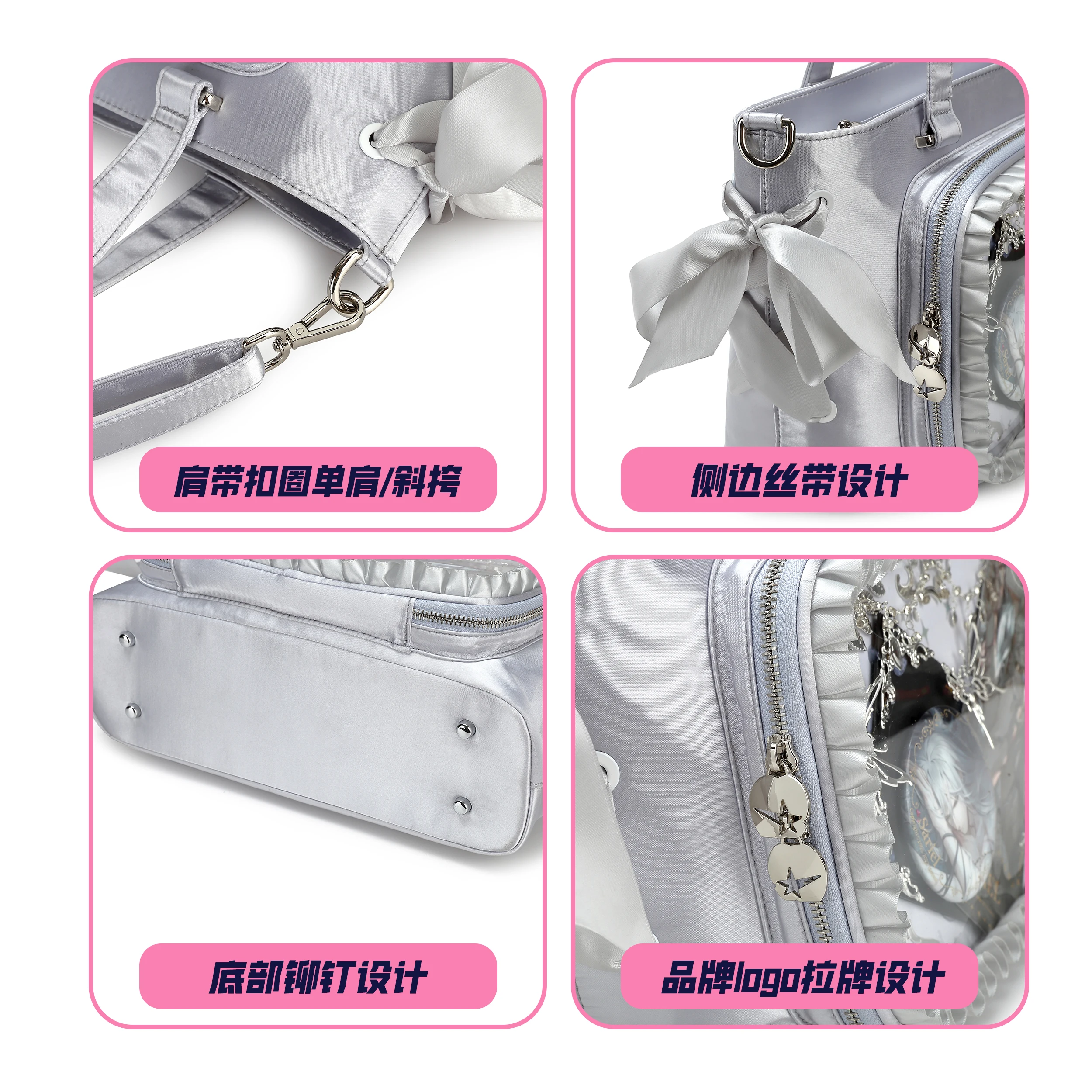 Sweet Flower Ruffled Single Shoulder Crossbody Bag Large Capacity Cosplay Student Pain Bag Ribbon Satin Tote Bag Female Backpack