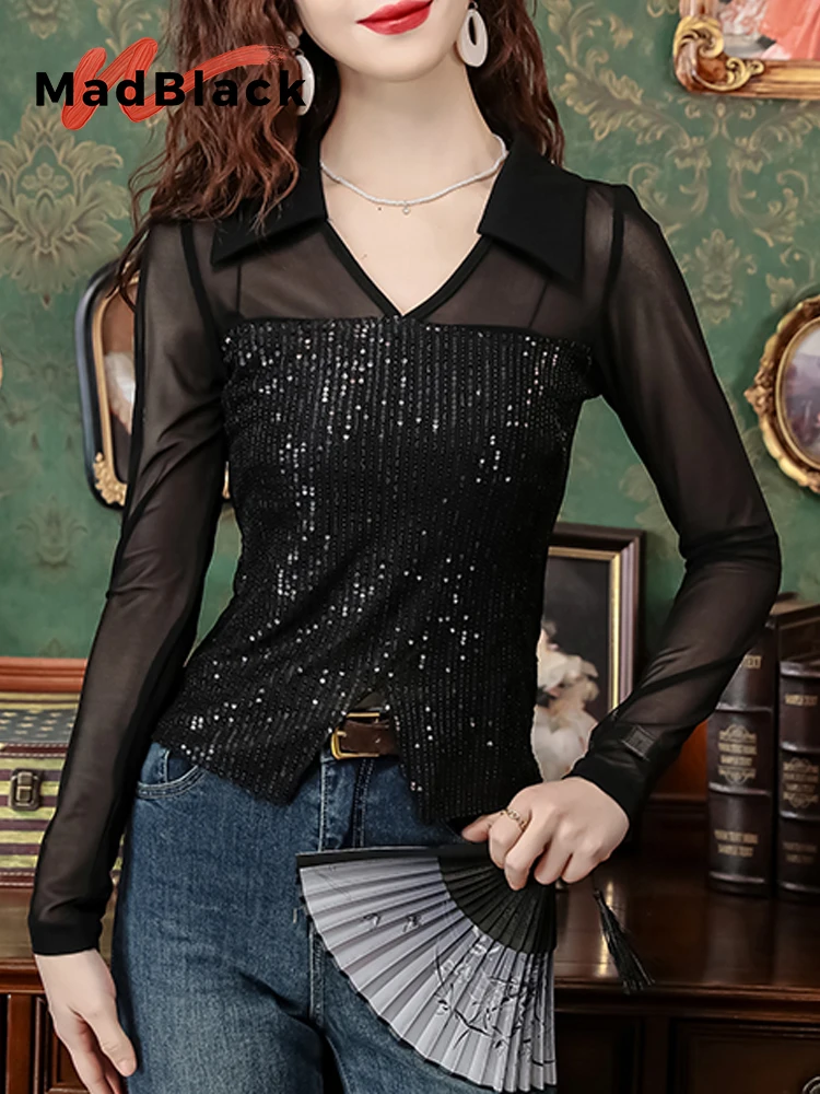 MadBlack European Clothes Tshirts Women Sexy Shiny Irregular Slit Sequin Slim Mesh Tops Long Sleeve Sunproof Tee Fall T46495JC