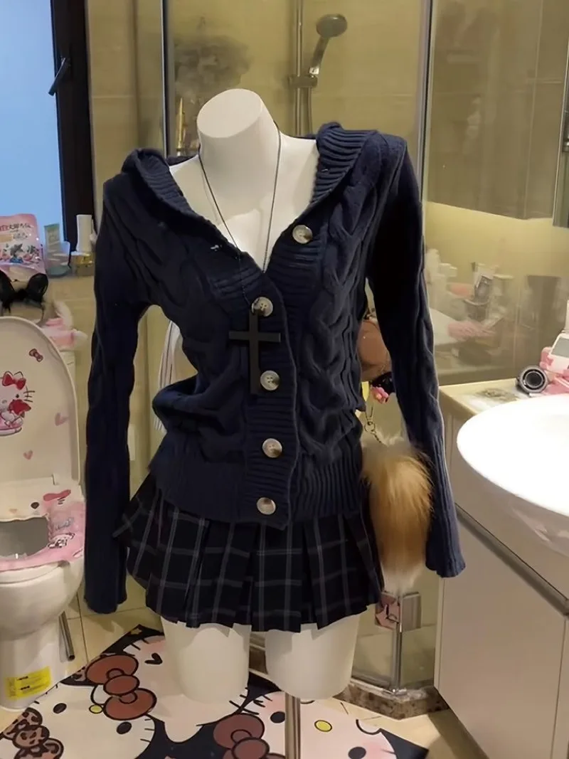 

Осенне-зимние комплекты юбок в клетку Kawaii для девочек, тонкий свитер в японском студенческом стиле + полуюбка, комплекты из двух предметов, женские наряды