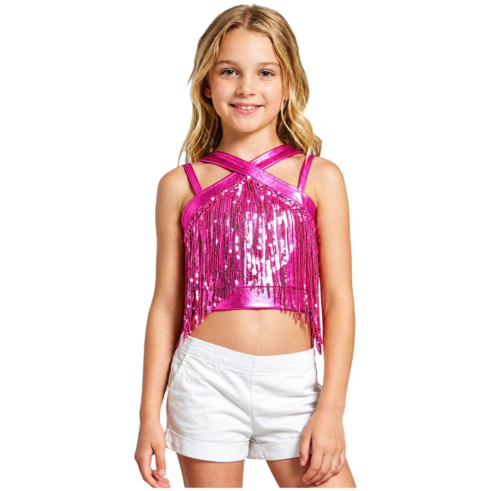 Kids Girls Metallic Shiny Tassels Latin Dance Vest Tango Salsa Samba Rumba Ballroom Costume Spaghetti Straps Fringed Crop Top