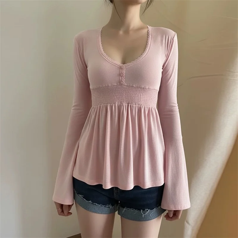 

Casual Lace Patchwork V-neck T-shirt for Women Niche A-line Long Flare Sleeve Tops Spring Autumn Fashionable Basic Ropa De Mujer
