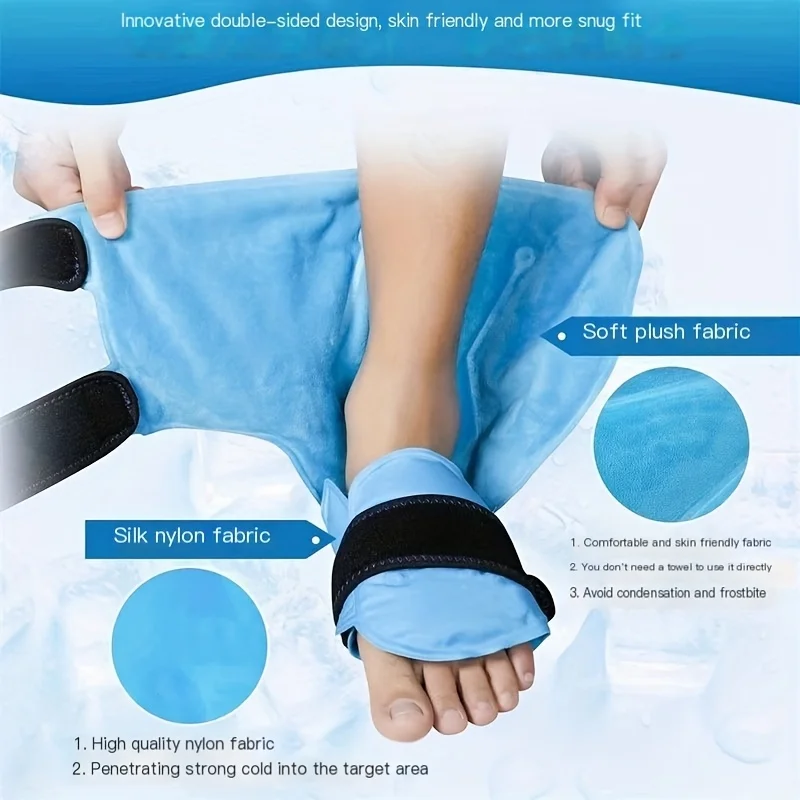 

A hot and cold ankle and foot ice pack, reusable gel, cold pack, cold compress, hot compress, royal blue, sky blue.