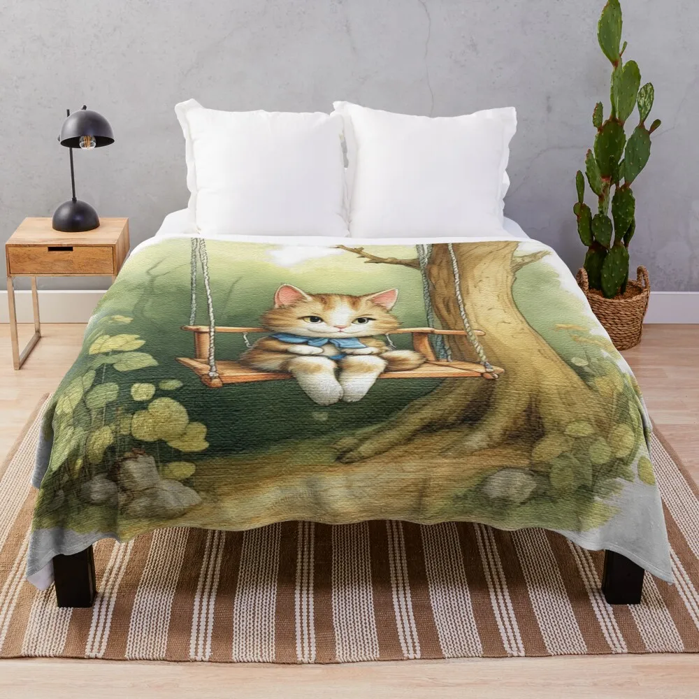 

Cat sitting on a swing Throw Blanket Personalized Gift Summer Blankets