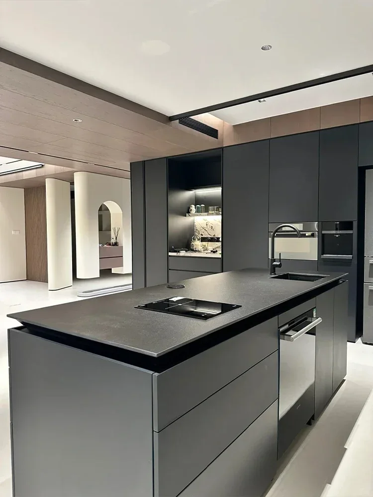 Black rock slab island counter bar table integrated Italian minimalist western kitchen flush middle guide table