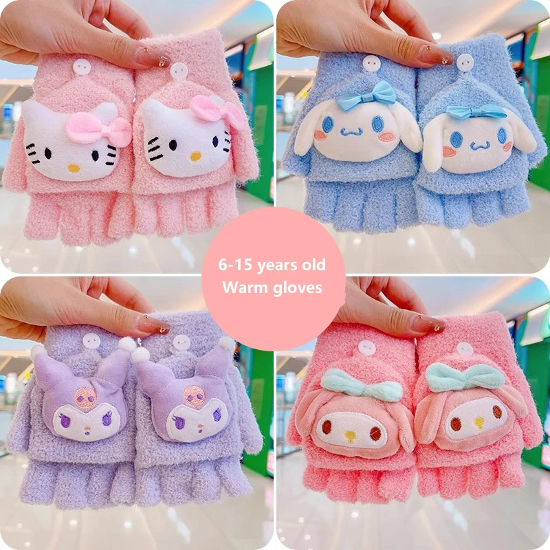 Hello Kitty Sanrio Cinnamoroll Kuromi Winter Plush Flip Gloves To Keep Warm And Cold-Proof Girls Cute Cartoon Gloves Fingerless