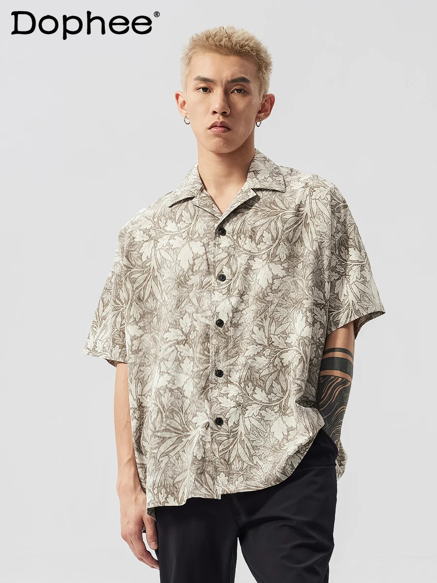 

2024 Men's Summer New Male Lapel Blouse Floral Printed Lapel Shirts Men's Trendy Loose Comfort Short Sleeve Handsome Male Shirt