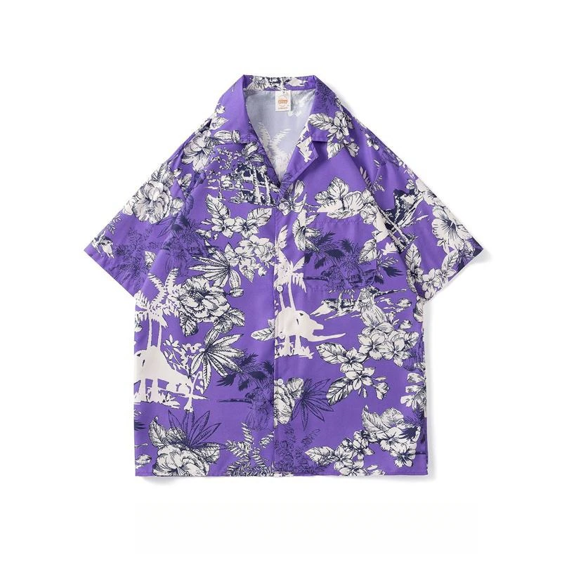 Men's Summer Vintage Cuban Collar Short Sleeve Printed Shirt Fashion Casual Loose Versatile Hawaiian Beach Floral Shirt