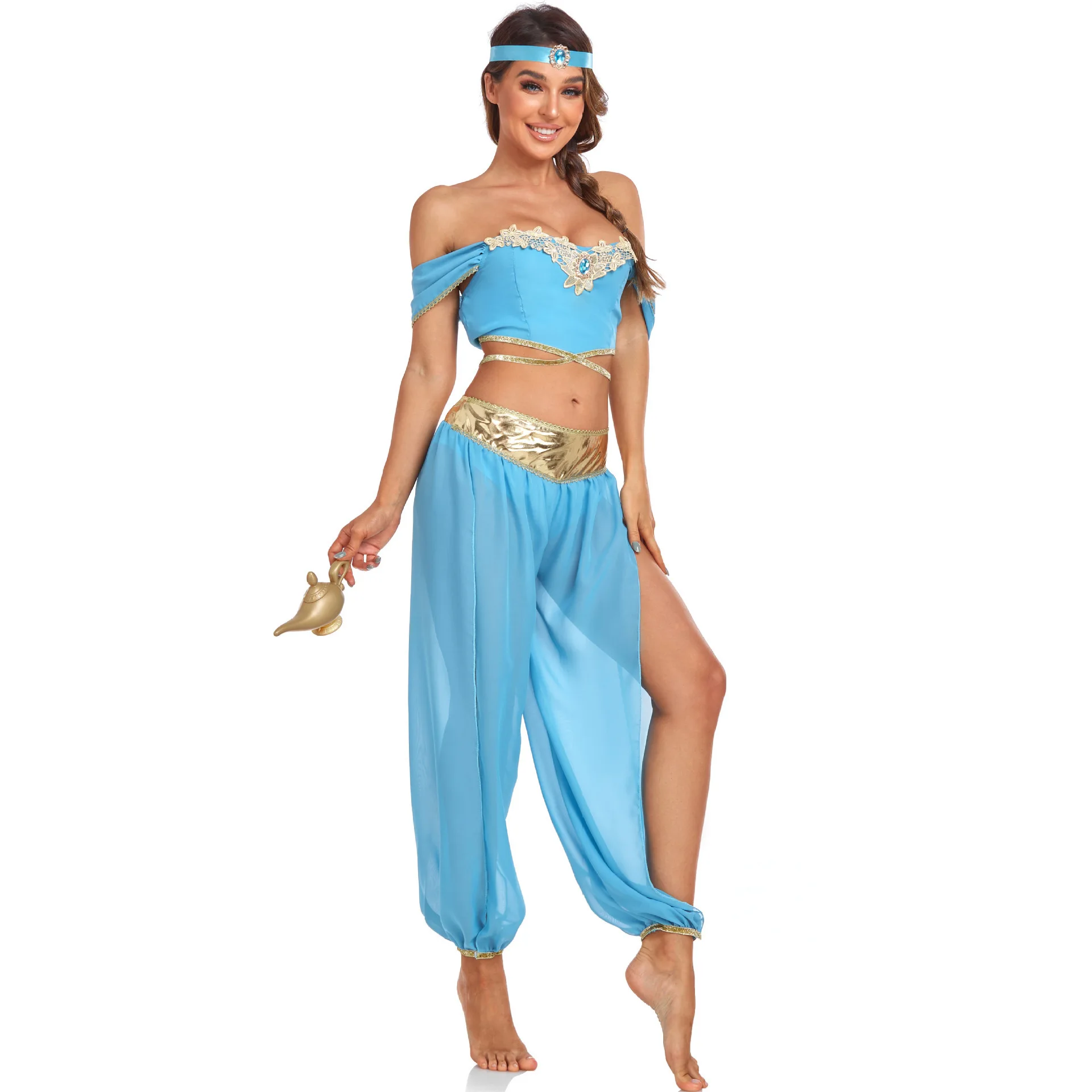 Aladdin Genie Lamp Princess Plays Costume for Halloween Belly Dance Show Costume Blue Crop Top and Pants with Headdress