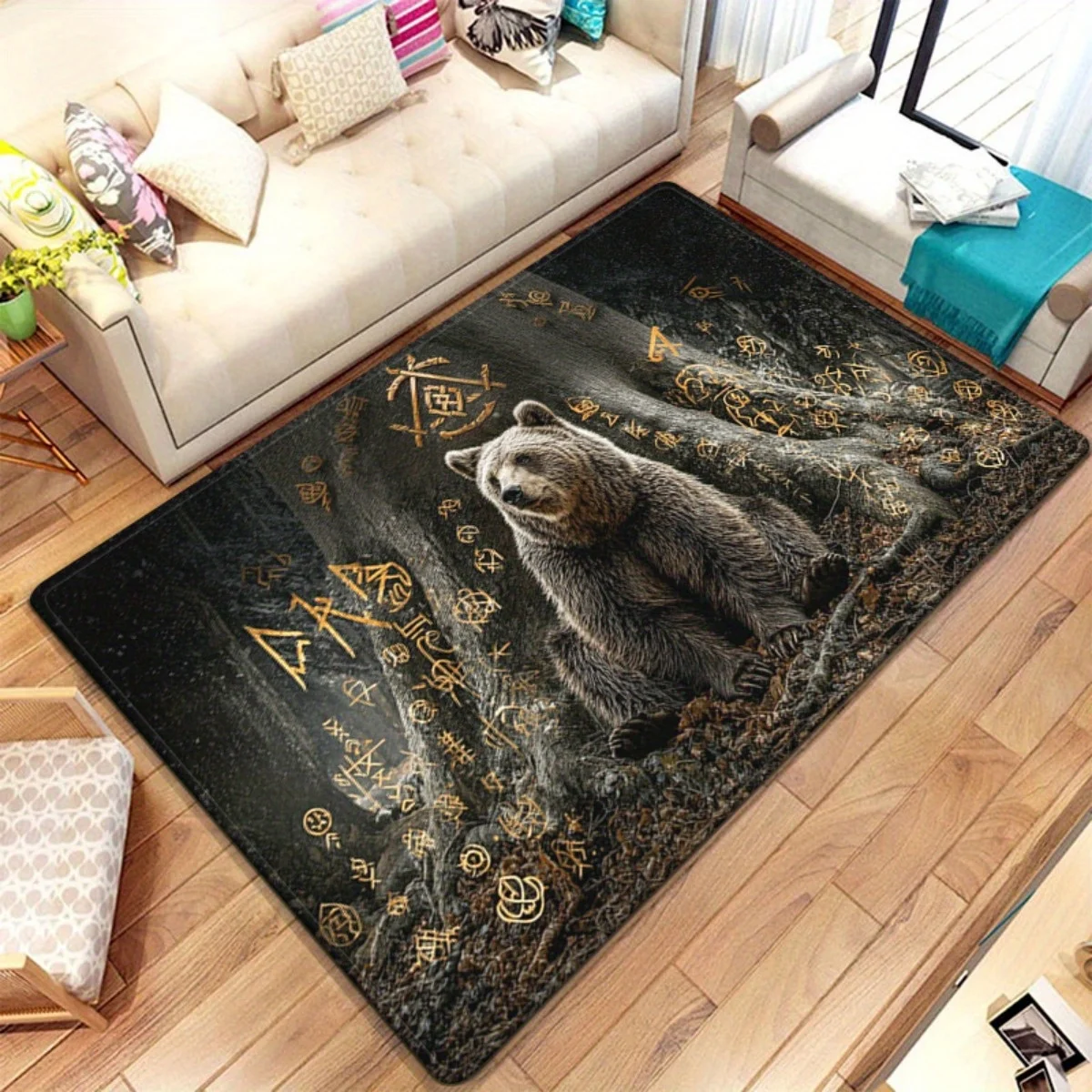 1pc 2D Flat Floor Mat, Viking Bear HD Printed Rug, Home Decor, Suitable for Kitchen, Bathroom, Living Room, Entrance, Camping