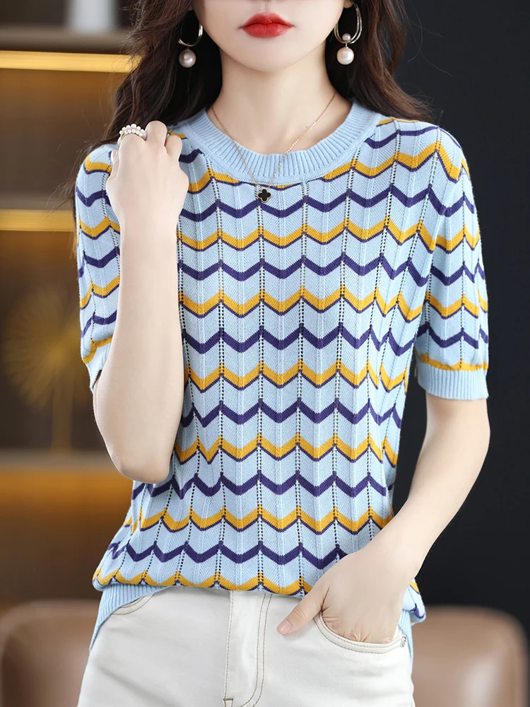 New Women Summer Short-sleeved Tees O-Neck 100% Cotton Color Contrast Striped Pullover T-shirt Knitted Base Ventilate Sweater