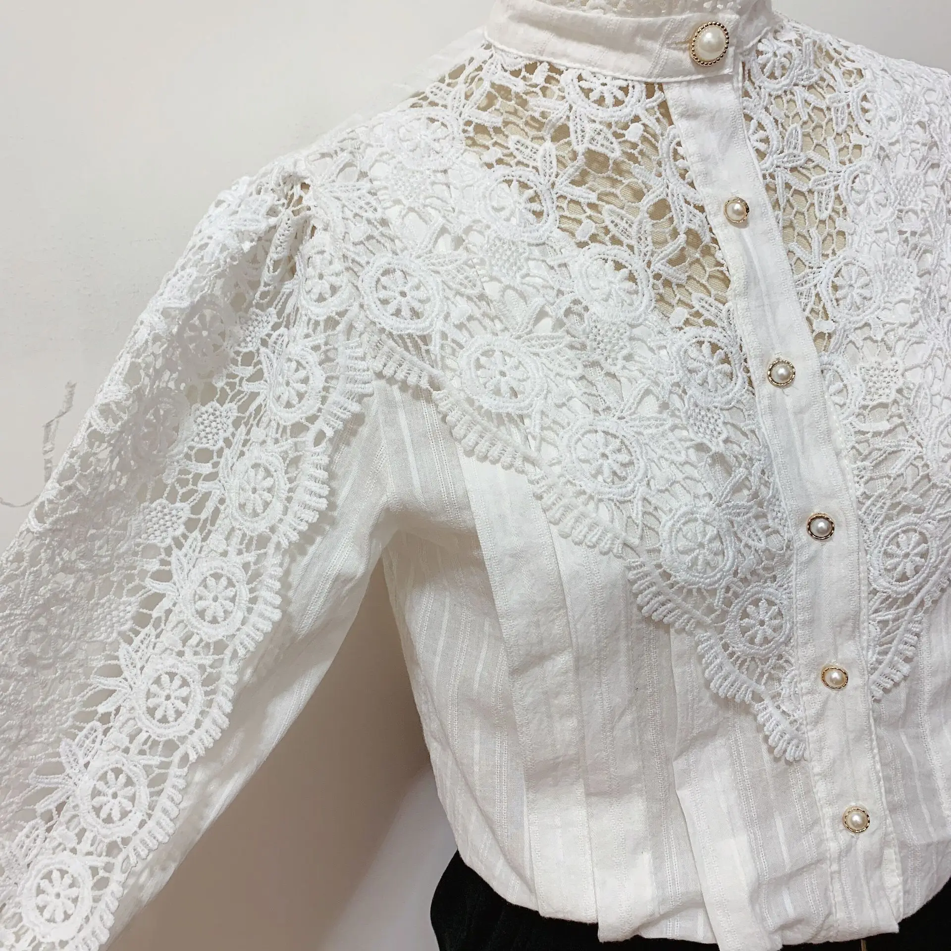 Women Stand Collar Lace Patchwork Shirts Casual Hollow Out Flower Petal Sleeve Buttonw Solid Tops white shirts for women Blue