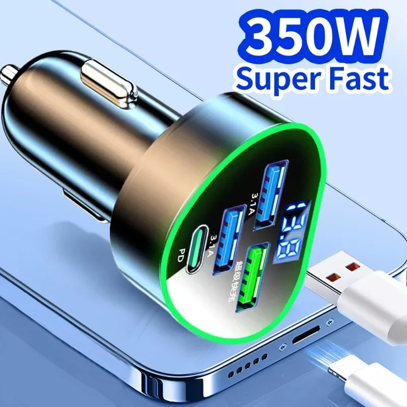 350W Car Phone Charger USB Type C Super Fast Charge in Car with LED Voltage Monitor for IPhone Samsung Huawei Oneplus Vivo Oppo