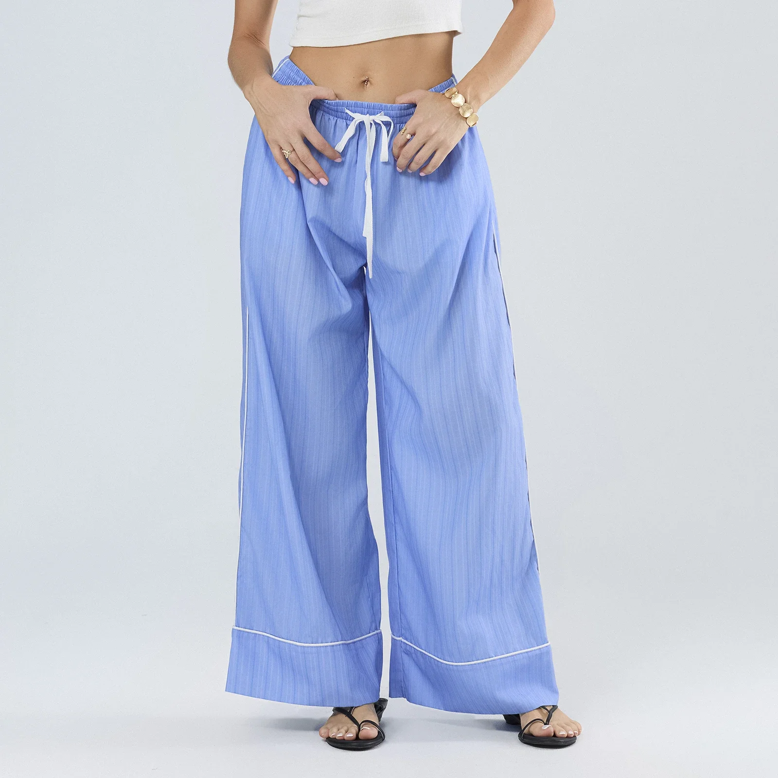 Pantalones rectos de pierna ancha para mujer, Bóxer con cordón, cintura elástica, estampado a rayas, pantalones de salón