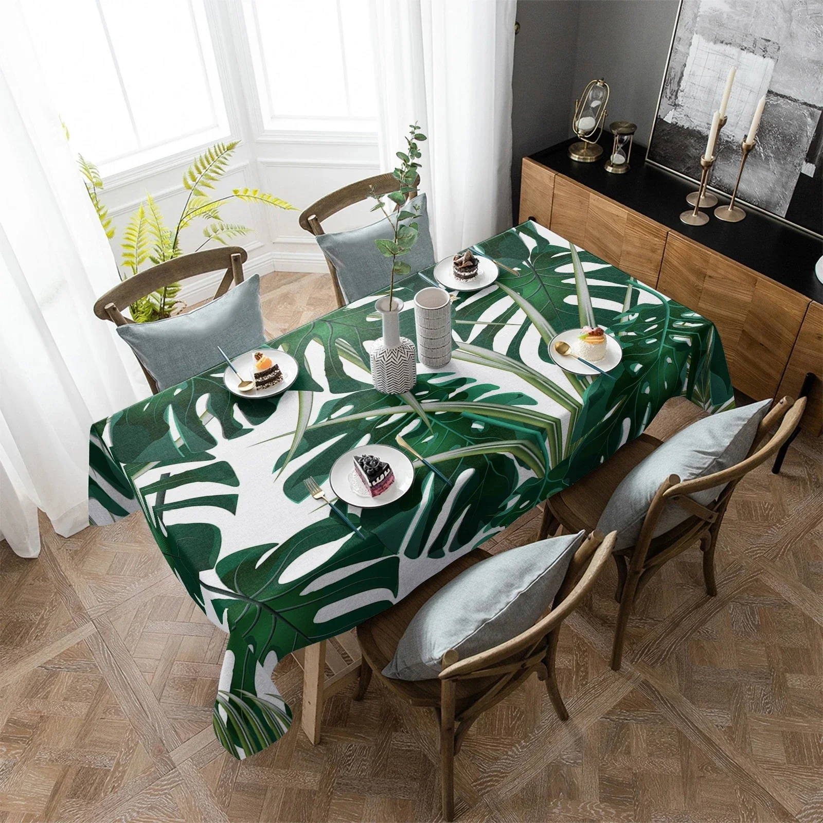 Tropical Jungle Leaves Monstera Green White Waterproof Tablecloths Kitchen Coffee Table Cloth for Living Room Dining Table Decor
