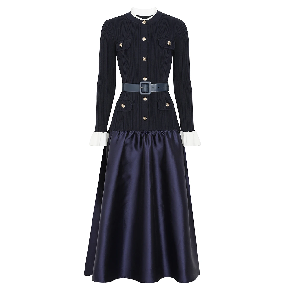 

2605 High-Quality Spring And Autumn New Fashionable Commuting Women Knitted Slim-Fitting Dress With Belt And Satin-Like Surface