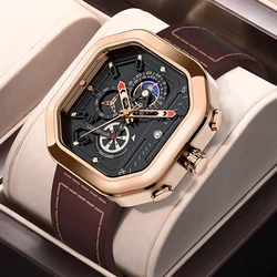 LIGE Fashion Square Dial Leather Mens Watches Luxury Sport Waterproof Watch Man Chronograph Quartz WristWatches Montre Homme+Box