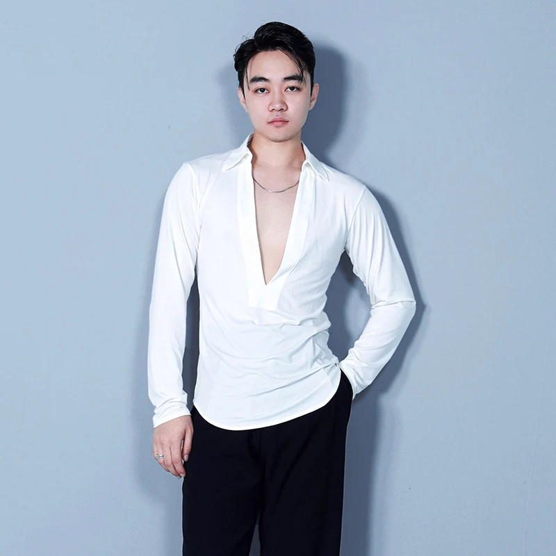 

2024 New Men's Latin Dance Professional Costume V-neck White Black Mesh Splice Tops Training Class Uniform Competition VBH299