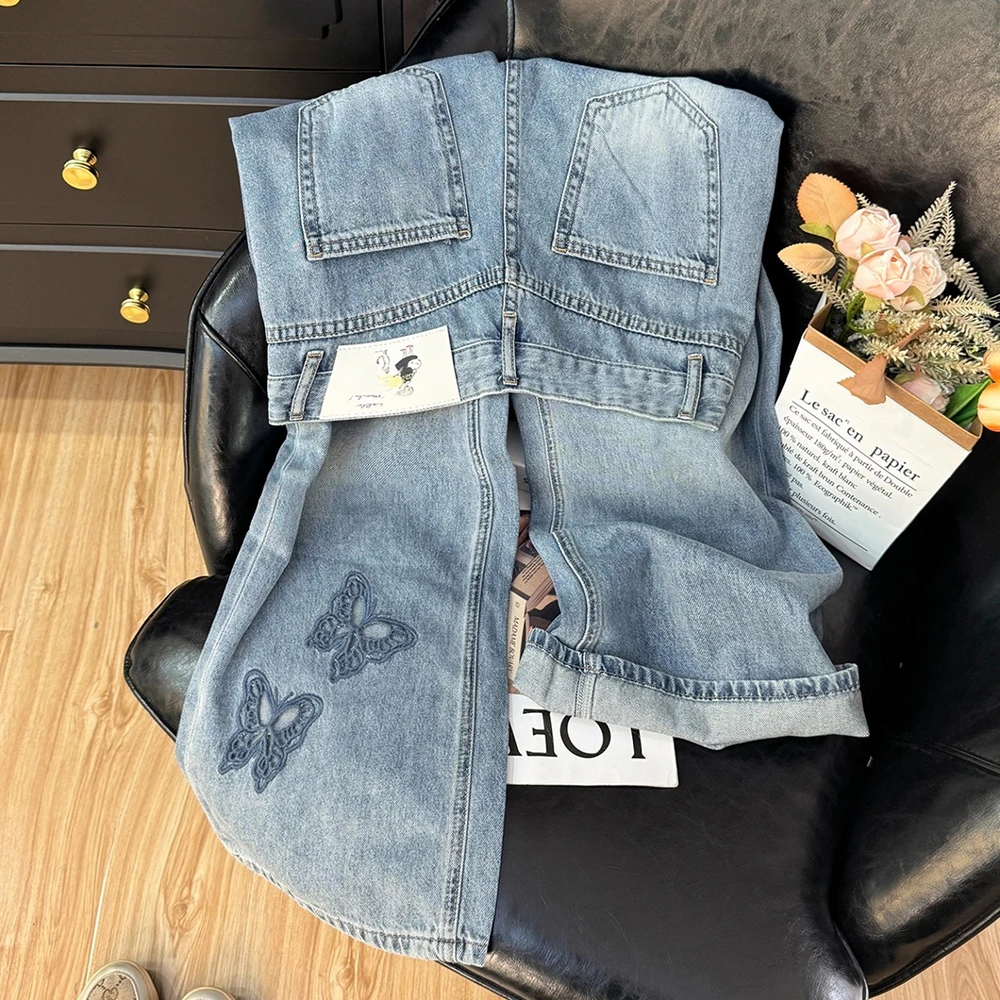 

Синие джинсы с открытыми бабочками, женские повседневные свободные тонкие брюки, новинка 2025 года, модные прямые широкие джинсовые брюки с высокой талией