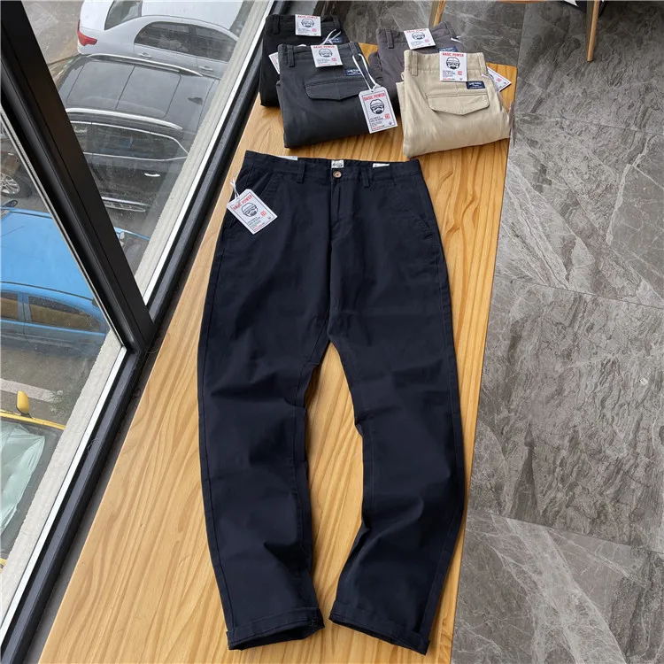 Spring New American Retro Heavyweight Woven Twill Stretch Pants Men's Pure Cotton Washed Slim Straight Business Casual Trousers