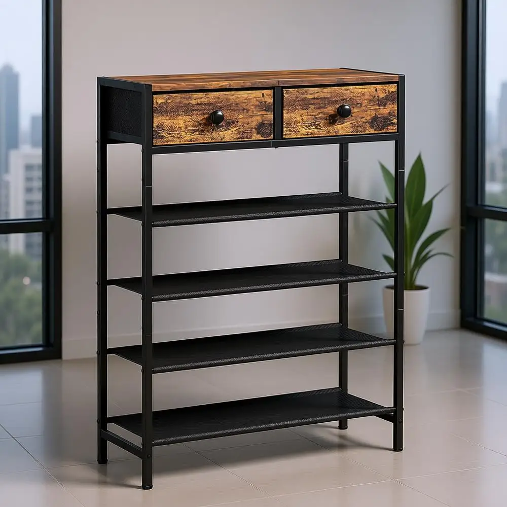 

5-Tier Shoe Organizer with 2 Drawers, Metal Storage for 16-20 Pairs, Fabric Shelves and Wooden Top, Narrow Shoe Rack for Closet