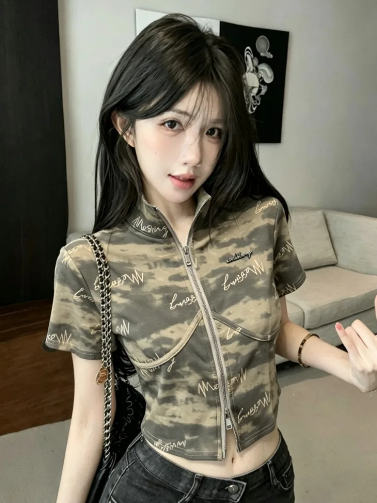 

American Cool Zipper Stand Collar Open Cardigan Short Sleeve Women's Sweet And Spicy Girl Dyed Print Workwear T-Shirt Top