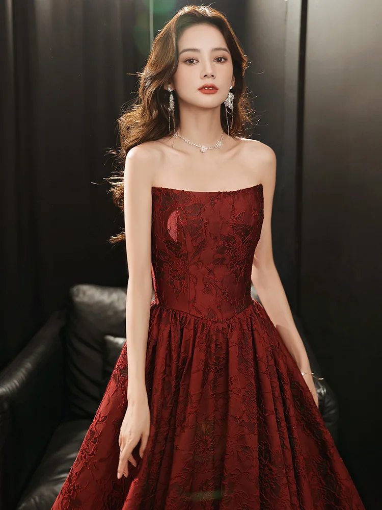 Burgundy Satin Printing Prom Dresses Strapless A-Line Sleeveless Sweetheart Long Wedding Host Party Celebrity Evening Gown