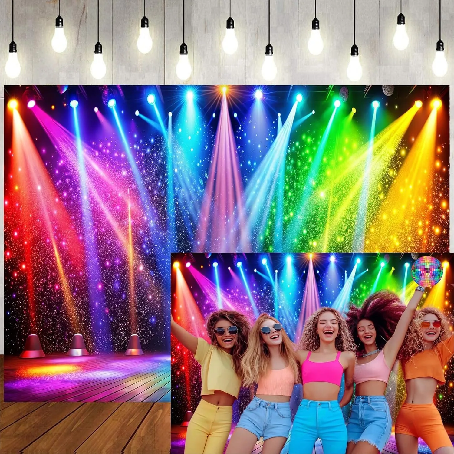 

7x5ft Rainbow Stage Backdrop with Neon Lights for Party Decorations