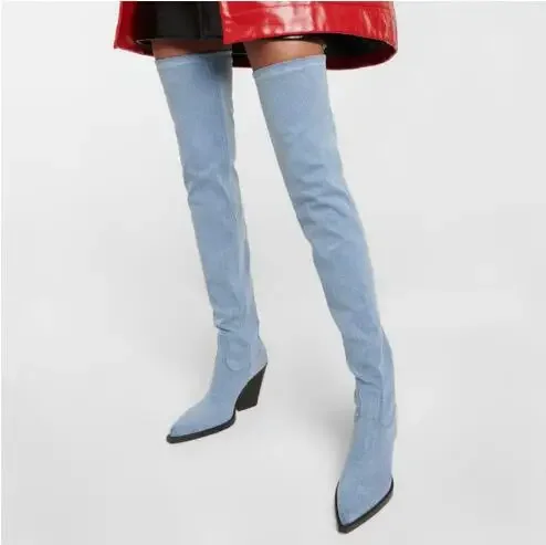 

Spring Girls Light Blue Jeans Denim Pointed Toe Slim Slip On Wedges Heels Over The Knee Thigh Boots Women Stretch Long Boots
