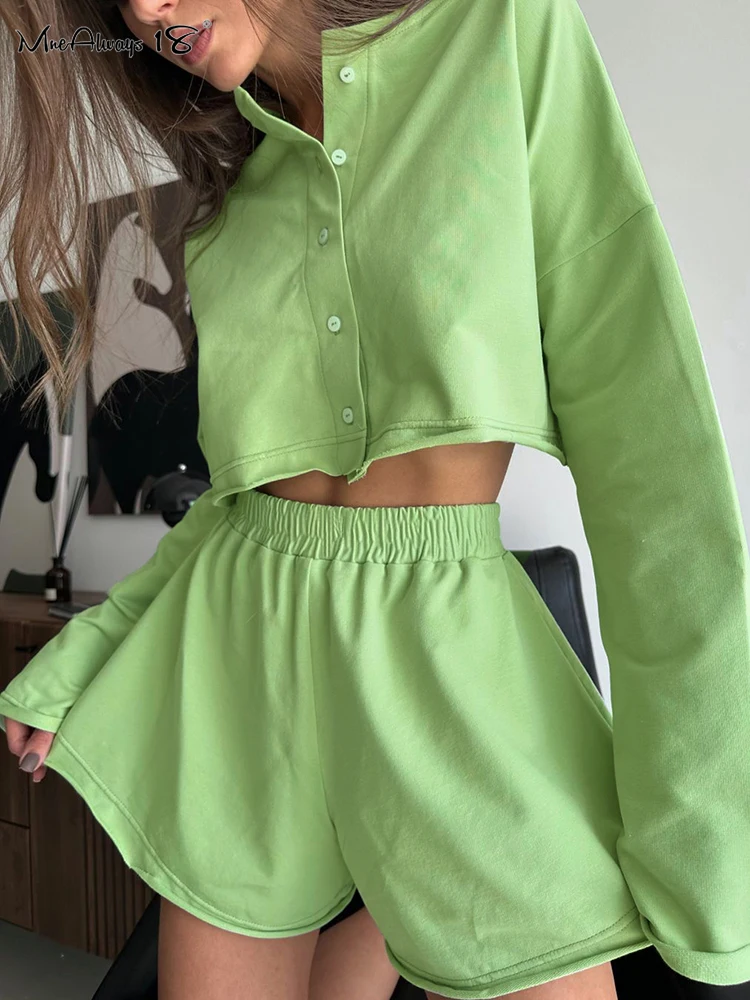 Mnealways18 Brightly Green Two Pieces Outfits Cropped Shirts And Wide Legs Shorts Women Casual Sets Autumn Winter Solid Suits